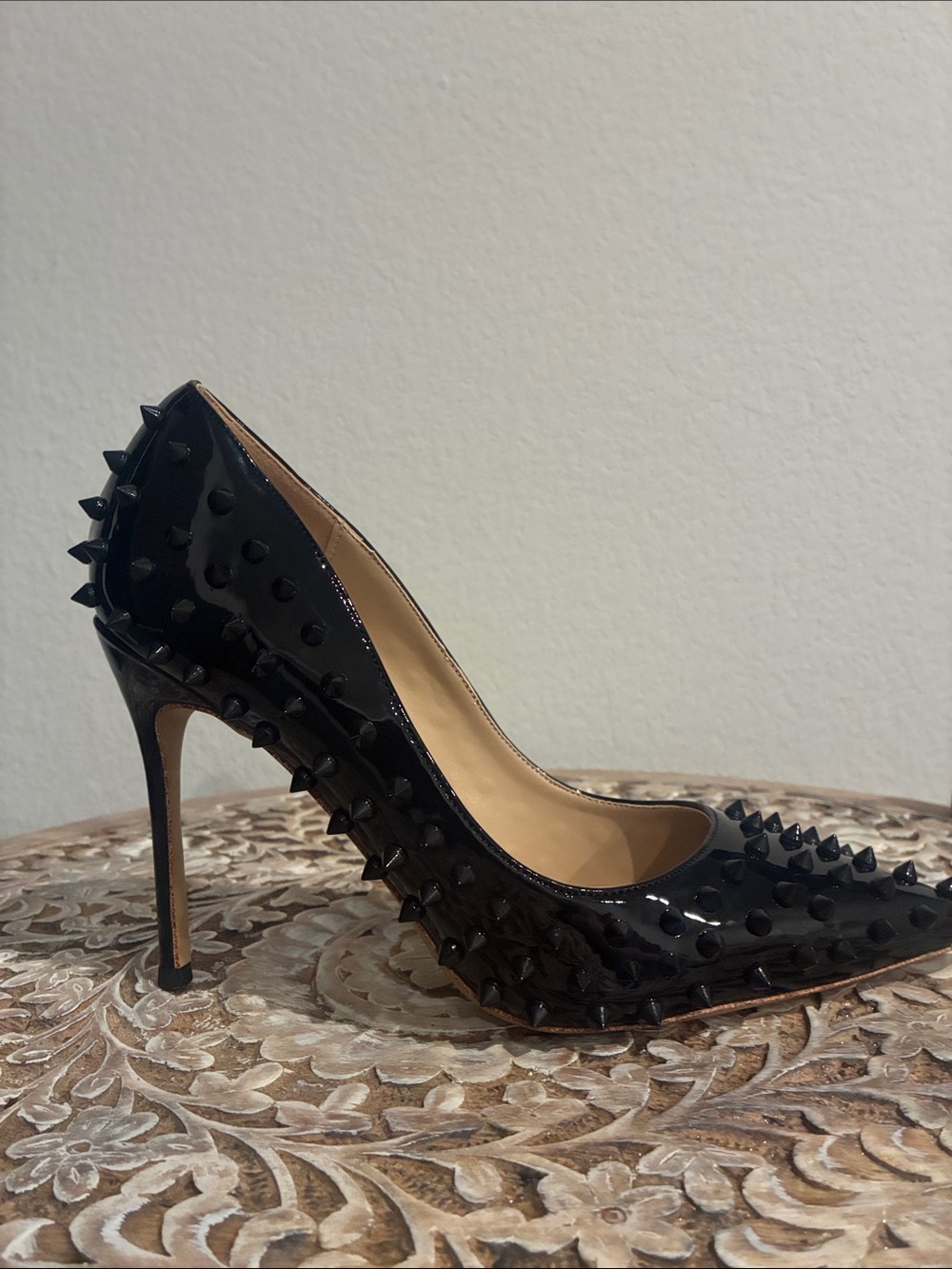 Black Patent Pointed Spike-Embellished Stiletto Pump